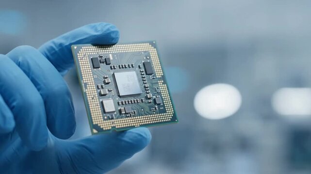 Technician holding microchip in cleanroom