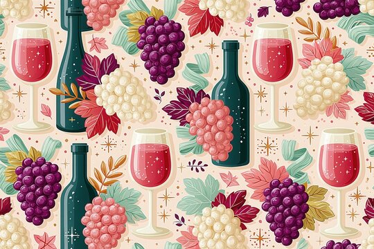 Elegant Feminine Wine and Grape Seamless Pattern with Burgundy Glasses and Vintage Botanical Accents