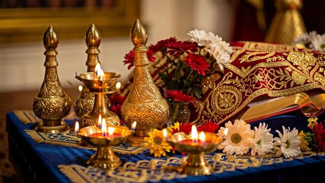 Golden Book Covered with Red Embroidered Cloth Surrounded by Flowers and Lamps