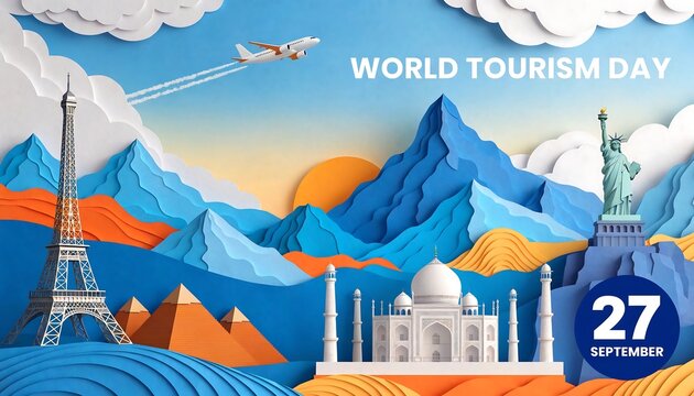 World tourism day paper craft landscape with famous international global landmarks