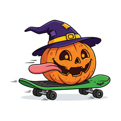 An halloween pumpkin wearing witch hat and riding the skateboard to celebrate the October festival © GBID Studio