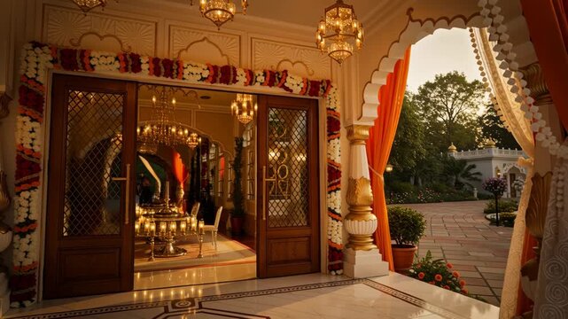 Majestic Traditional Architecture Decorated with Floral Garlands and Warm Lighting during Religious Celebration
