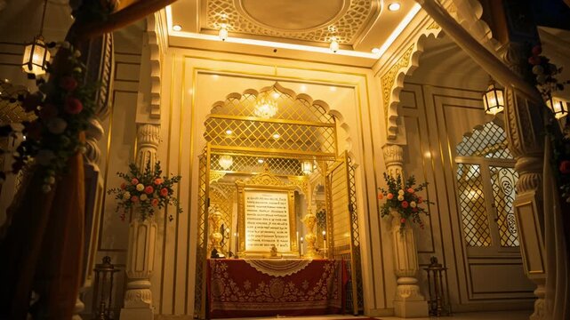 Sacred Gurdwara Temple Interior Decorated With Marigold Flowers And Golden Palanquin During Religious Celebration