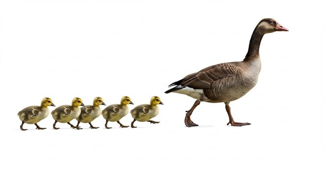 Mother Goose and Her Goslings: A mother goose leads her five adorable goslings in a single file line, symbolizing family, protection, and the natural order of life.