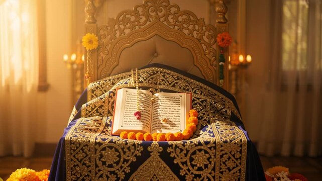 Holy Book Open on Palanquin Covered with Blue and Gold Embroidered Cloth During Religious Festival