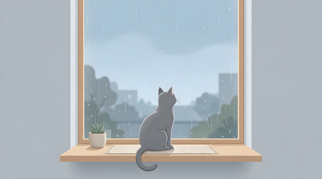 Gray cat sitting on a wooden windowsill watching rain through the window
