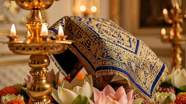 Sacred Sikh Holy Book Covered in Blue Embroidered Cloth Surrounded by Lotus Flowers and Lit Brass Lamps