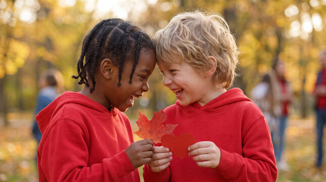 Two joyful children in red hoodies hold an autumn leaf and heart card for Giving Tuesday, expressing gratitude and love for charity websites.