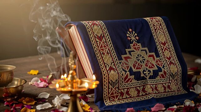 Sacred Sikh Holy Book Covered in Blue Embroidered Cloth with Brass Oil Lamp and Smoke During Festival