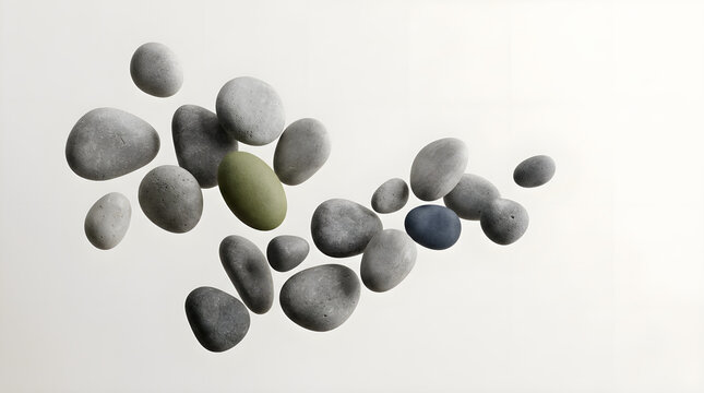 Floating organic river pebbles arranged on a clean white background