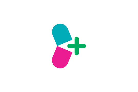 Medical capsule pill logo with green plus cross symbol teal pink drug tablet pharmacy health icon