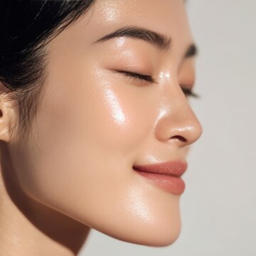 Close up of an East Asian woman with flawless foundation makeup and luminous smooth skin in studio light, showcasing seamless coverage and even complexion for cosmetics and beauty advertising