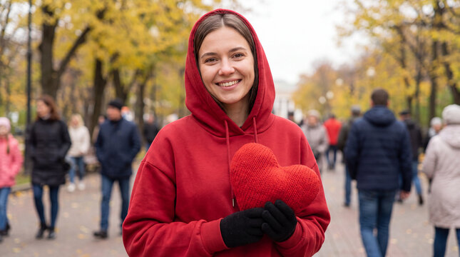 Young volunteer in a red oversized hoodie hugs a knitted heart cushion outdoors for Giving Tuesday, sharing comfort and compassion for charity campaigns.