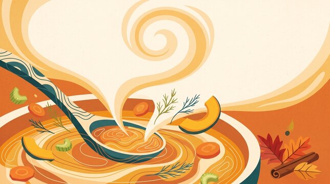 Warm bowl of soup with spoon and steam in autumn colors for Soup season