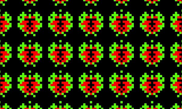 Seamless retro pixel art pattern featuring repeating green and red space invader alien sprites on a black background