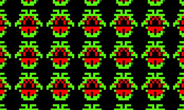 Seamless 8-bit retro pixel art pattern featuring repeating green alien helmet motifs with red central details on a black background