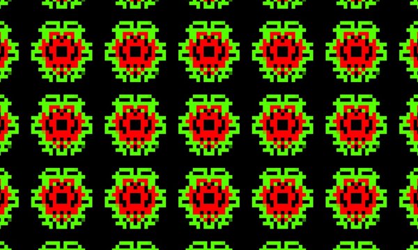 Seamless retro pixel art pattern featuring repeating green geometric frames with red central rosette motifs on a black background