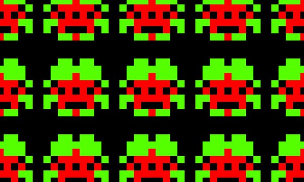 8-bit retro pixel art seamless pattern featuring repeating green and red space invader alien characters on a black background