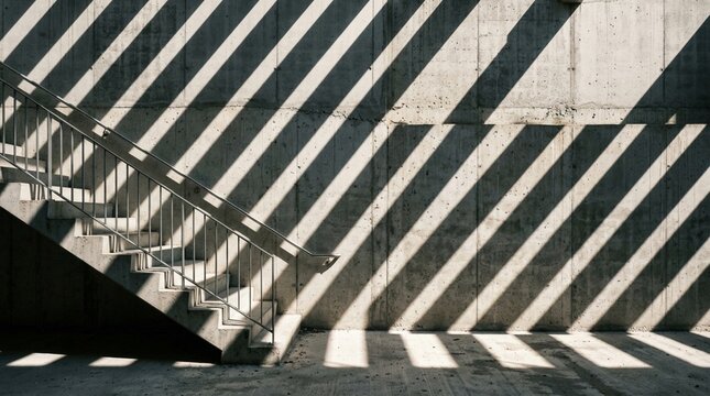 Minimalist concrete staircase with dramatic diagonal geometric shadows on brutalist wall
