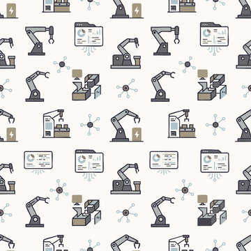 Modern minimalist vector illustration of automated robotic arms integrated with digital interfaces, showcasing smart factory and Industry 4.0 concepts, ideal for technical presentations, engineering