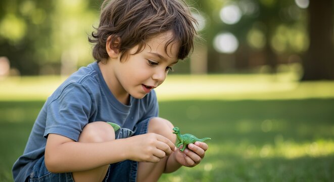 Curiosity in the Grass: A young boy, engrossed in play, crouches in a sun-dappled park, his gaze fixed on a small dinosaur toy, embodying the innocent wonder of childhood exploration.