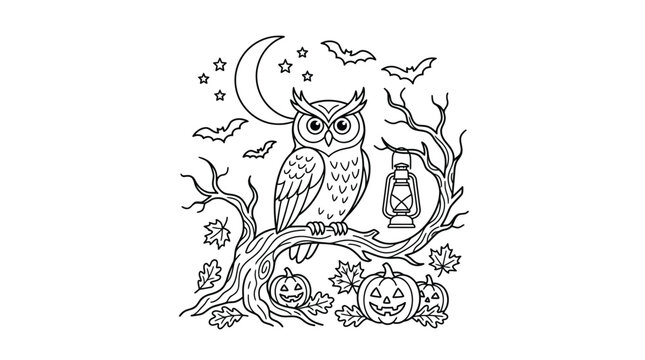 Hooting owl sitting on a branch surrounded by jack o lanterns and flying bats at night.