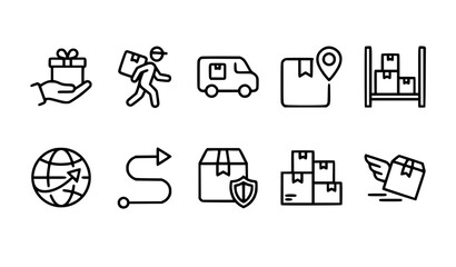 Obraz premium Logistics and Delivery Service Icon Set with Packages, Trucks, Shipping, Tracking, Warehouse, Location and Protection Symbols