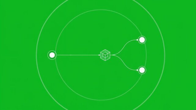 Animated tech flowchart connecting nodes and data packets on green screen background