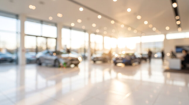 Spacious car dealership interior featuring luxury vehicles and natural sunlight flare.