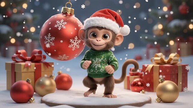 Cute little monkey wearing a Santa hat and Christmas sweater celebrating winter holidays with gifts