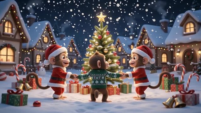 Cute monkeys dancing around a glowing Christmas tree in a snowy village square