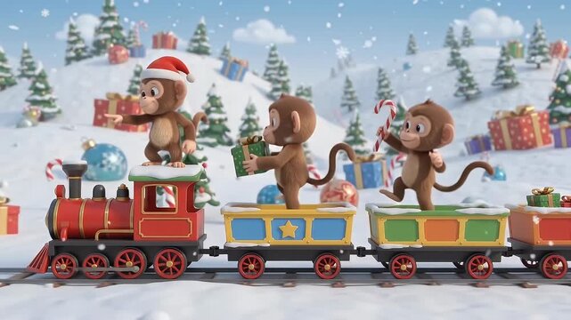Cute monkeys riding festive toy train through snowy winter landscape with Christmas tree