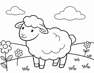 Obraz premium Fluffy sheep in flower meadow coloring page