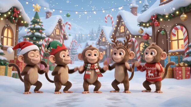 Cute little monkeys celebrating christmas together in a snowy village street