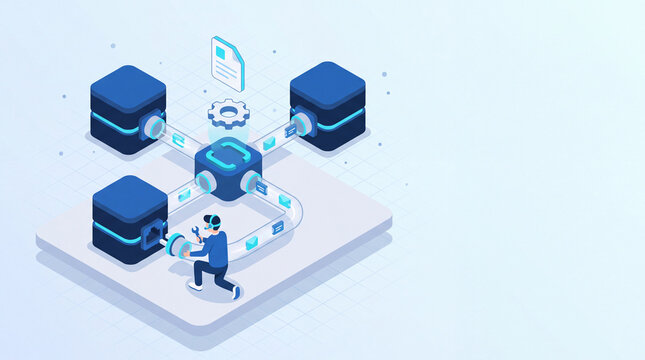 Systems connected through an API integration hub in isometric style
