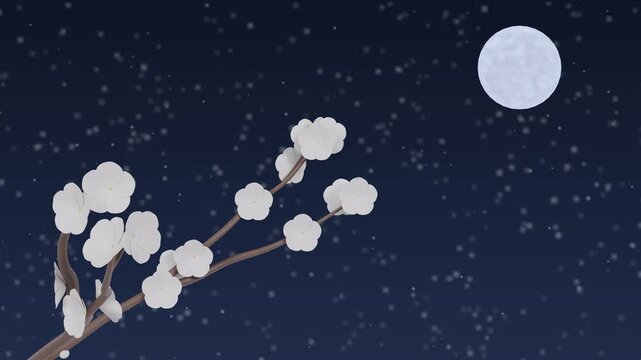 濃紺の夜空に浮かぶ寒月と白梅 舞い散る雪の和風背景動画 4K ループ 余白あり