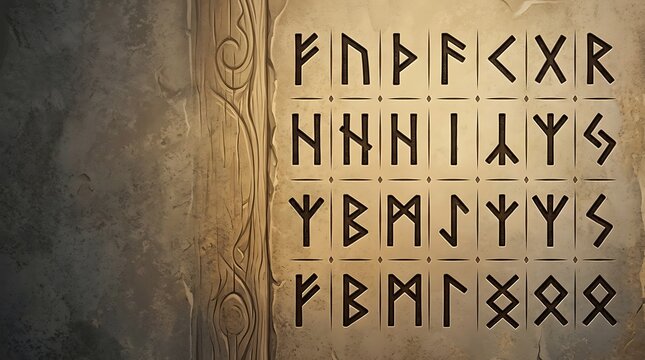 Ancient Runic Script Wall with Carved Patterns