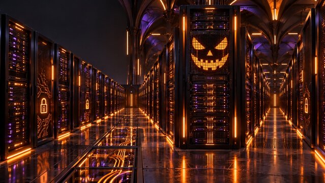 Halloween Cybersecurity Data Center With Glowing Pumpkin Face Server