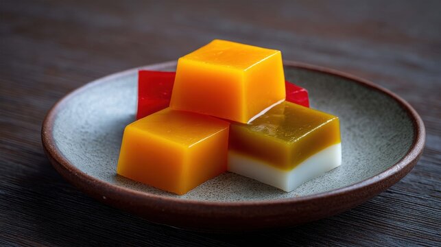 A delectable array of colorful, cube-shaped jellies, artfully arranged on a rustic ceramic plate. The vibrant hues and translucent textures evoke a sense of playful sweetness