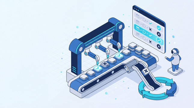 Automated test rig passing and rejecting builds in isometric style