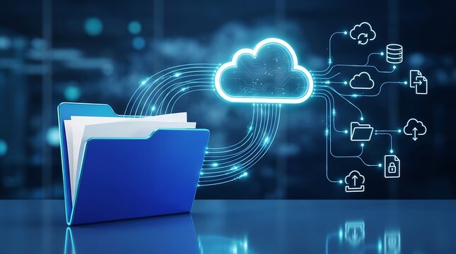 Open blue office folder with glowing cloud computing projection and data nodes transferring information representing secure cloud storage and digital file management system in business