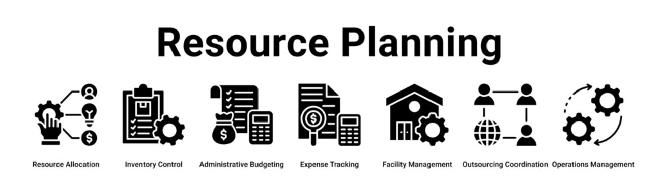 Resource Planning web banner icon vector illustration concept for business with icon of Resource Allocation, Inventory Control, Administrative Budgeting, Expense Tracking, Facility Management,.