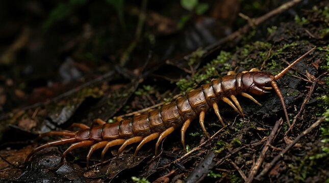 Brown Centipede Crawling on Forest Floor