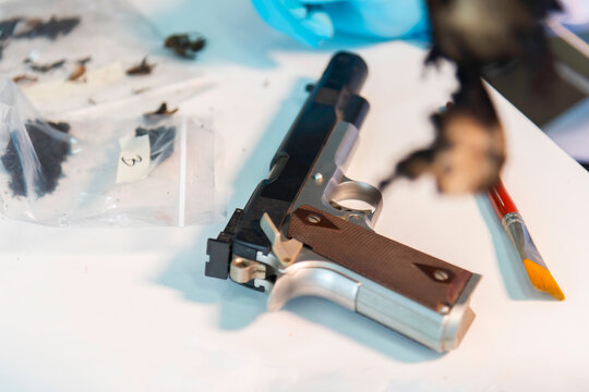 Forensic expert taking blood sample from gun