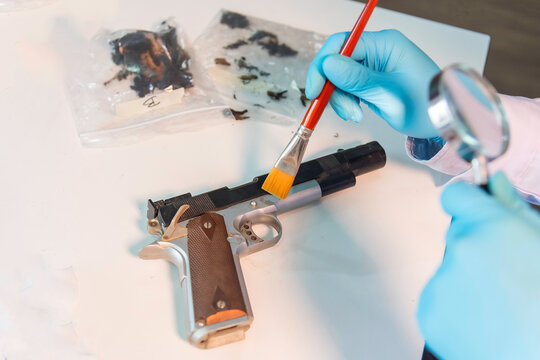 Forensic expert taking blood sample from gun