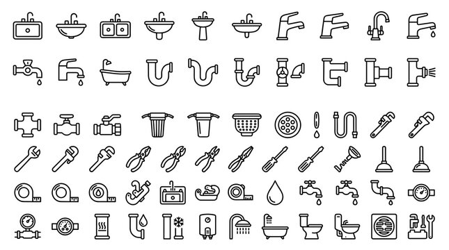 Plumbing and Sink Editable Stroke Line Icon Set with Faucets Pipes Drains Washbasins Bathroom Fixtures and Repair Tools