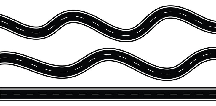 Wavy road with winding curves and horizontal path. Traffic curved highway. Horizontal asphalt road template.  Winding road.