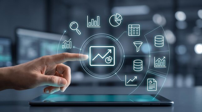 Hand interacting with digital analytics interface featuring growth chart and data visualization icons on tablet screen representing business intelligence and performance tracking