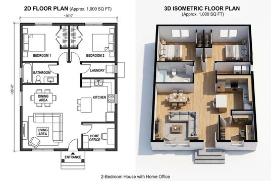 Modern 2-Bedroom House with Dedicated Home Office Architectural Floor Plan - 2D Drafting & 3D Isometric View (1,000 SQ FT)