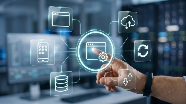 Software developer hand interacting with web application development digital interface showing mobile responsiveness and cloud integration icons for user experience design and software engineering